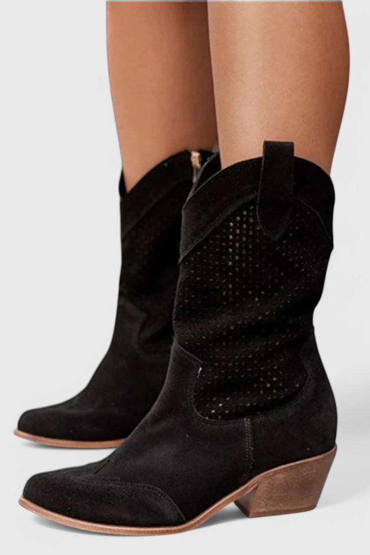 Tasana | Women's Western Block Heel Boots - Pointed Toe Cowboy Ankle Booties