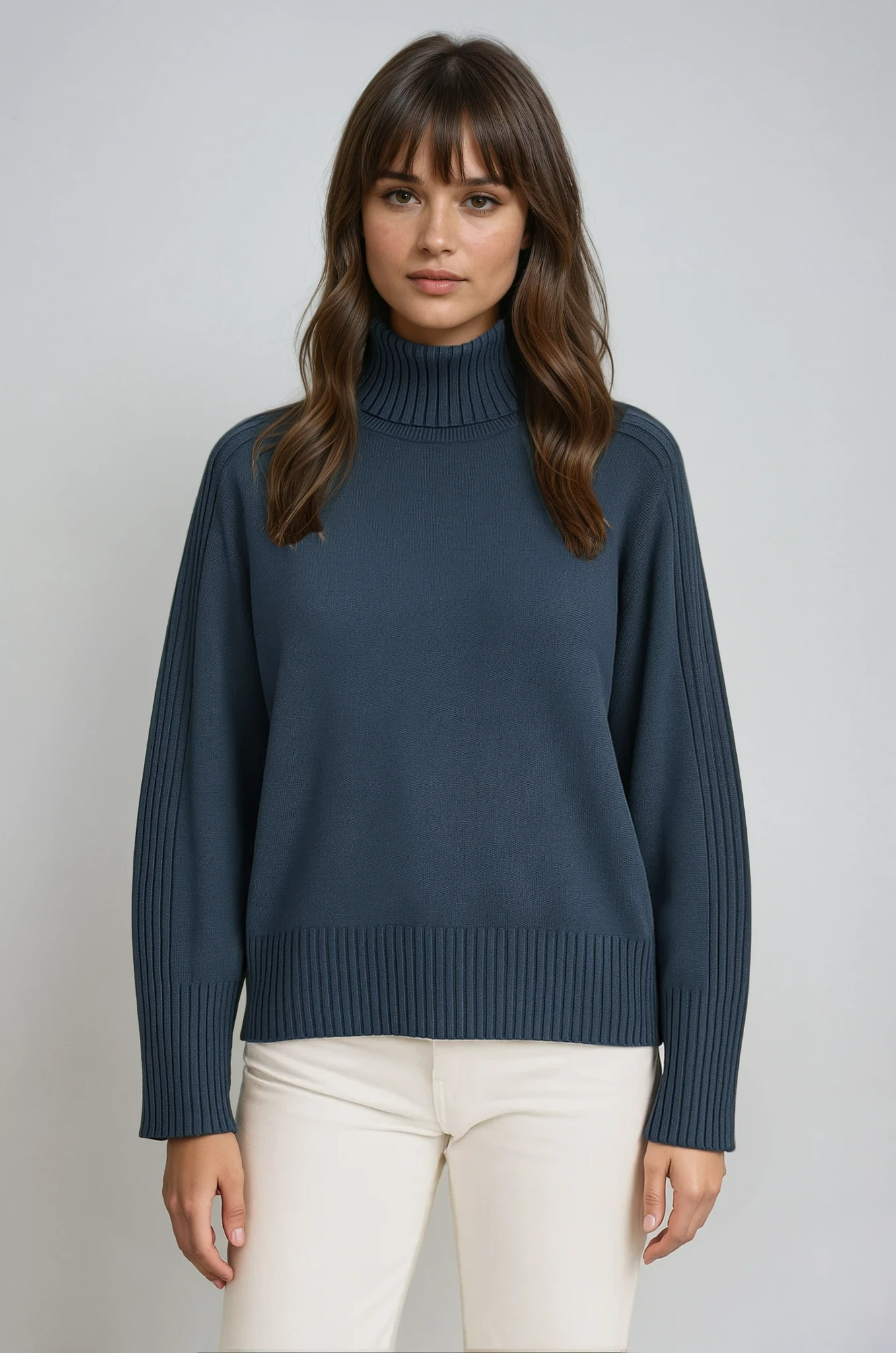 Mireya | Women's Ribbed Mock Neck Skivvy Jumper Chunky Knit Relaxed Fit Cosy Pullover Sweater-Women's Sweater-Navy-XS-