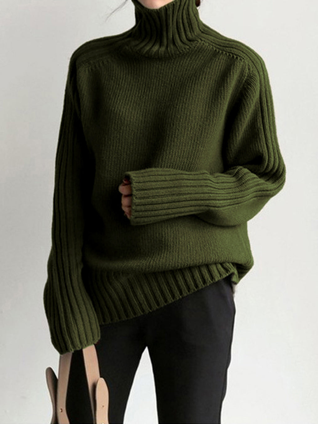 Mireya | Women's Ribbed Mock Neck Skivvy Jumper Chunky Knit Relaxed Fit Cosy Pullover Sweater-Women's Sweater-Armygreen-XS-
