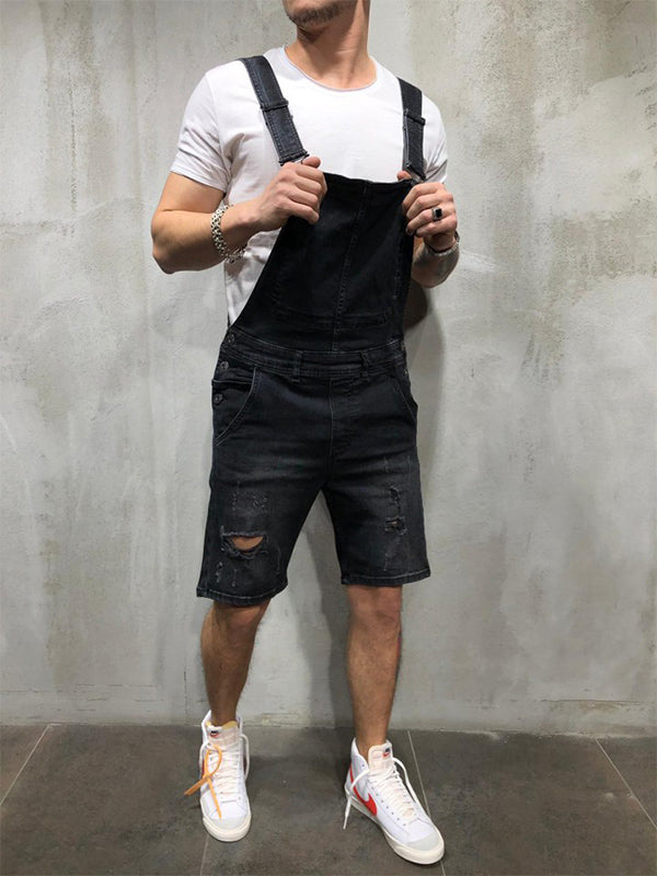 Ripped Denim Bib Rompers-Jumpsuits & Overalls-Black-S-CAMOUFIT