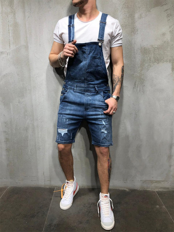 Ripped Denim Bib Rompers-Jumpsuits & Overalls-Dark Blue-S-CAMOUFIT