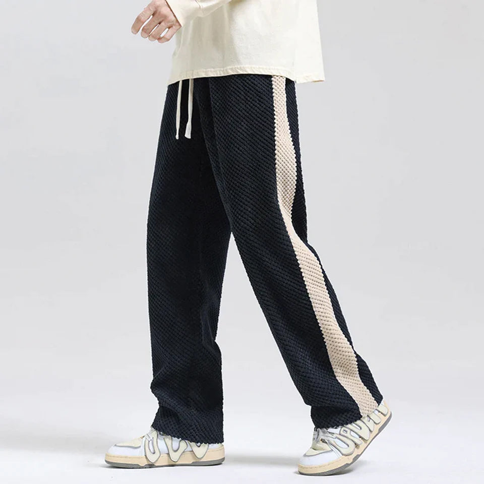 Renzo | Men's Corduroy Pants with Waffle Knit Texture Side Stripe Elastic Waist Drawstring Trackies-Sweatpants-Black/Blue-S-