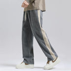 Renzo | Men's Corduroy Pants with Waffle Knit Texture Side Stripe Elastic Waist Drawstring Trackies-Sweatpants-Gray-S-