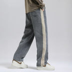 Renzo | Men's Corduroy Pants with Waffle Knit Texture Side Stripe Elastic Waist Drawstring Trackies-Sweatpants-Black/Blue-S-