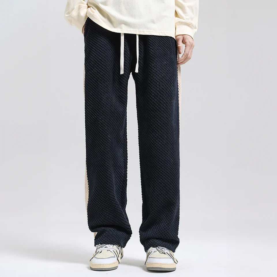 Renzo | Men's Corduroy Pants with Waffle Knit Texture Side Stripe Elastic Waist Drawstring Trackies-Sweatpants-Black/Blue-S-