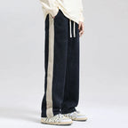 Renzo | Men's Corduroy Pants with Waffle Knit Texture Side Stripe Elastic Waist Drawstring Trackies-Sweatpants-Black/Blue-S-