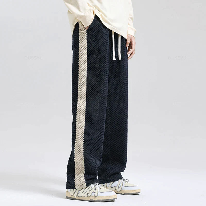 Renzo | Men's Corduroy Pants with Waffle Knit Texture Side Stripe Elastic Waist Drawstring Trackies-Sweatpants-Black/Blue-S-