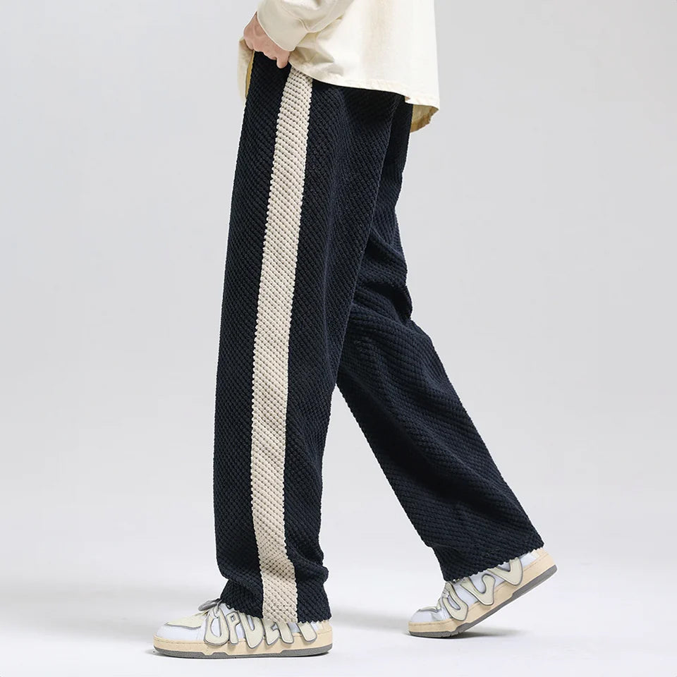 Renzo | Men's Corduroy Pants with Waffle Knit Texture Side Stripe Elastic Waist Drawstring Trackies-Sweatpants-Black/Blue-S-
