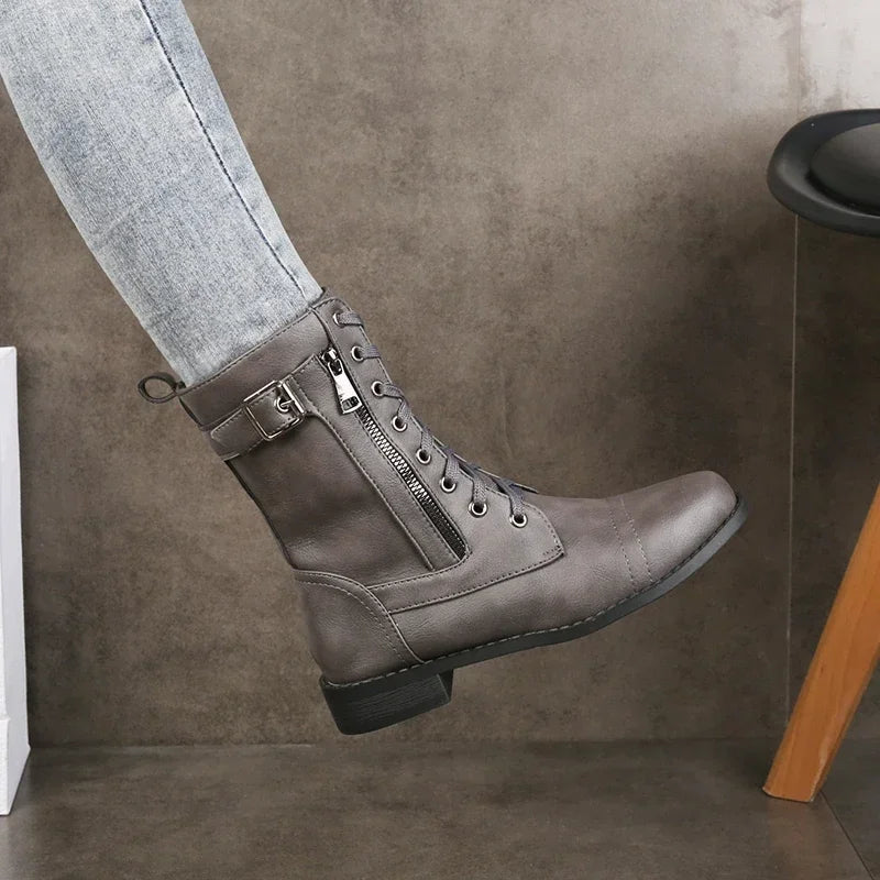 Zafira | Mid-Calf Boots for Women – Buckle Lace-Up Combat Fit-Women's Ankle Boots-Graphite-5-Camoufit