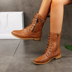 Zafira | Mid-Calf Boots for Women – Buckle Lace-Up Combat Fit-Women's Ankle Boots-Chestnut-5-Camoufit