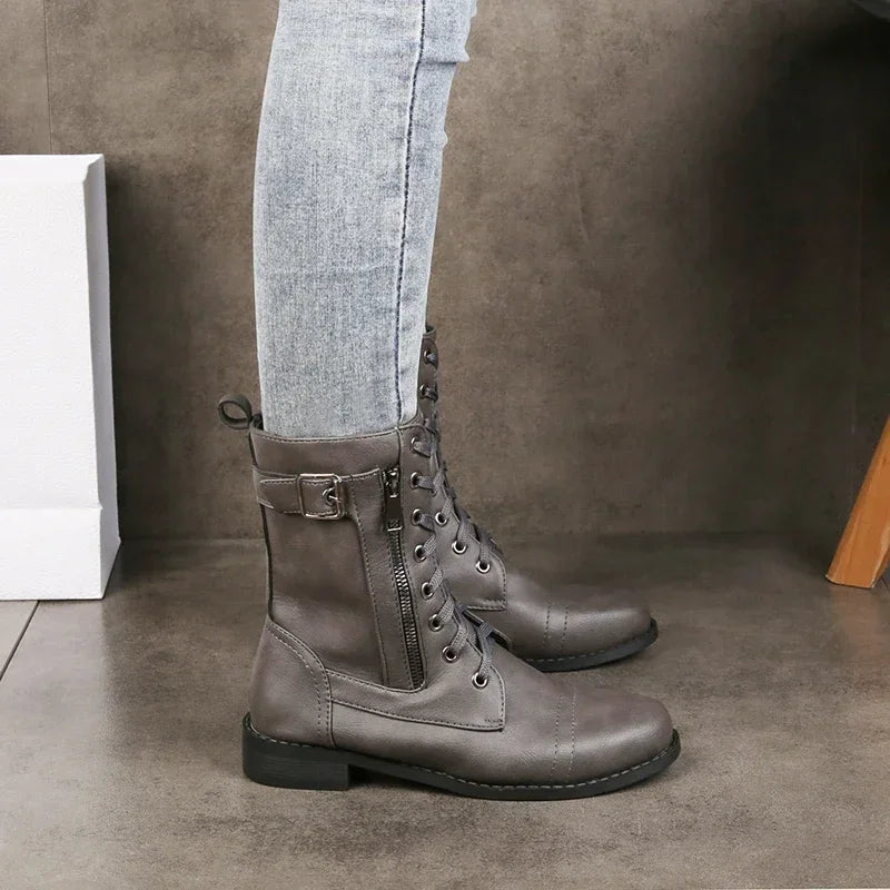 Zafira | Mid-Calf Boots for Women – Buckle Lace-Up Combat Fit-Women's Ankle Boots-Chestnut-5-Camoufit
