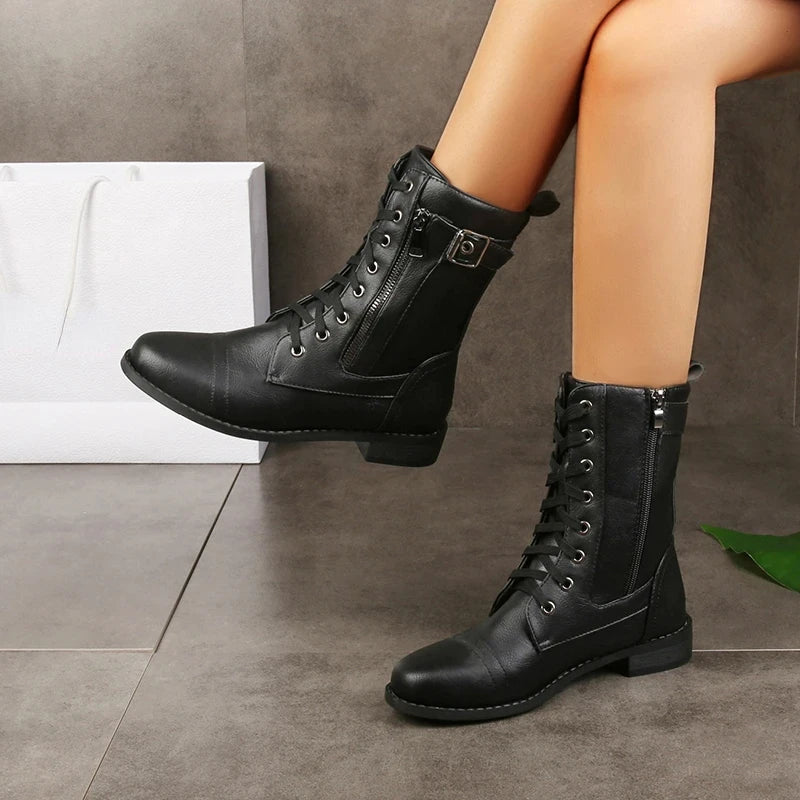 Zafira | Mid-Calf Boots for Women – Buckle Lace-Up Combat Fit-Women's Ankle Boots-Chestnut-5-Camoufit