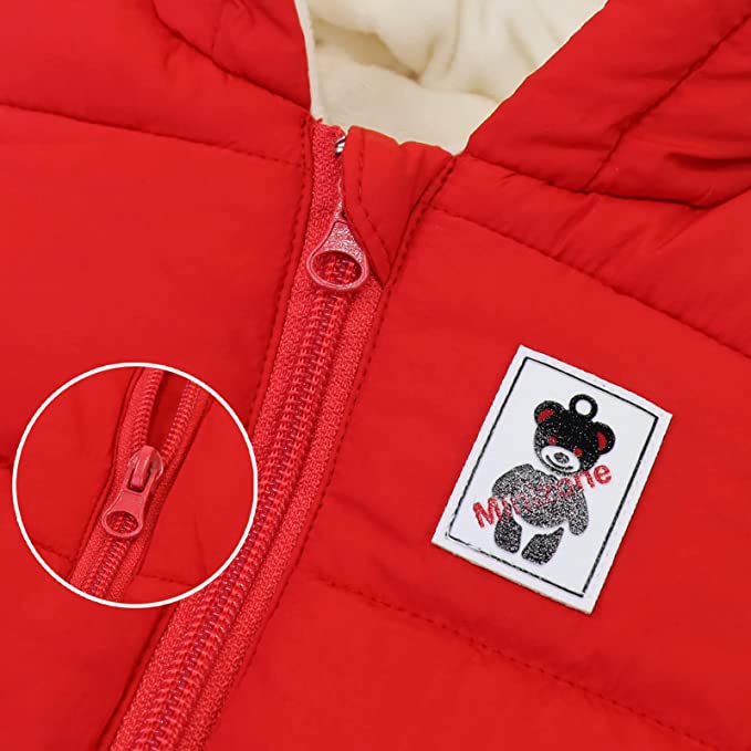Red baby snowsuit with front zipper and bear applique patch on chest