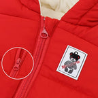 Red baby snowsuit with front zipper and bear applique patch on chest