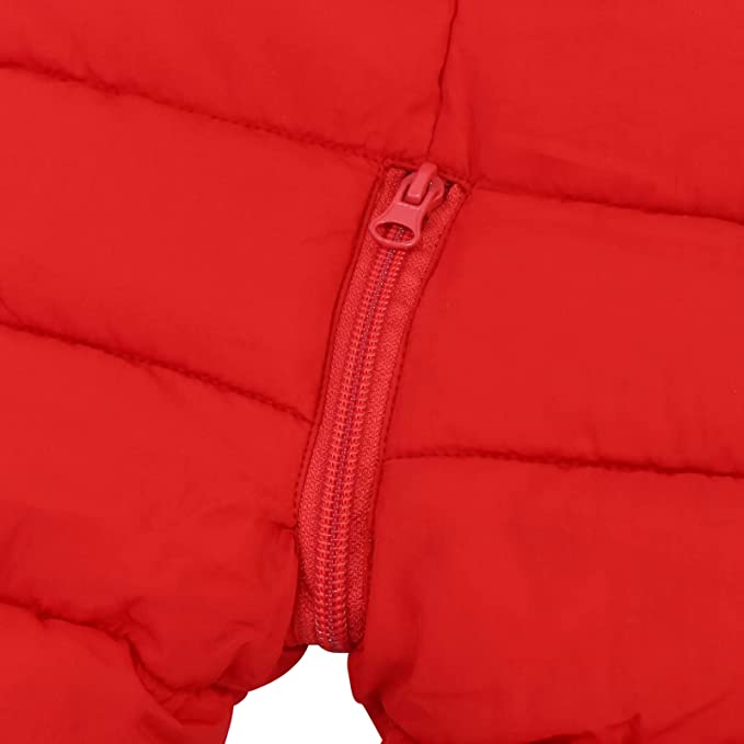 Red baby snowsuit close-up of center zipper on padded one-piece