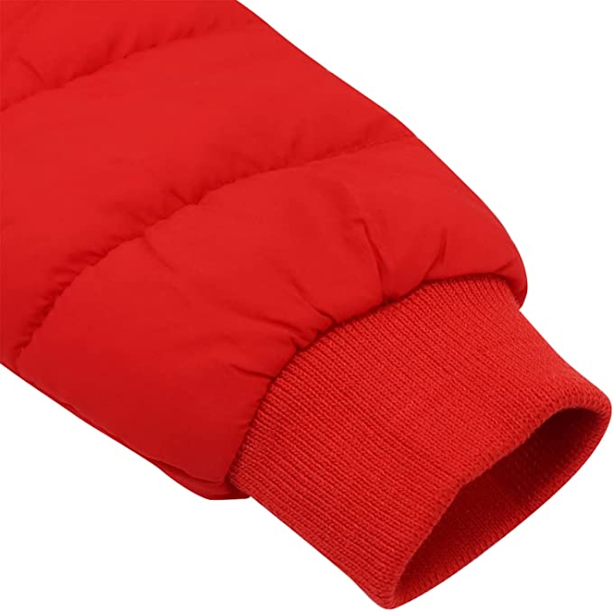 Red padded baby snowsuit with knit elastic cuff at leg opening