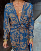 Rosamul | Boho Maxi Dress Women V-Neck Long Sleeve Fit-Floral Printed Dress-Blue-XS-Camoufit