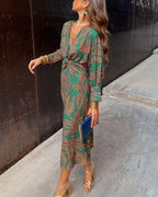 Rosamul | Boho Maxi Dress Women V-Neck Long Sleeve Fit-Floral Printed Dress-Blue-XS-Camoufit