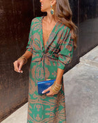 Rosamul | Boho Maxi Dress Women V-Neck Long Sleeve Fit-Floral Printed Dress-Green-XS-Camoufit