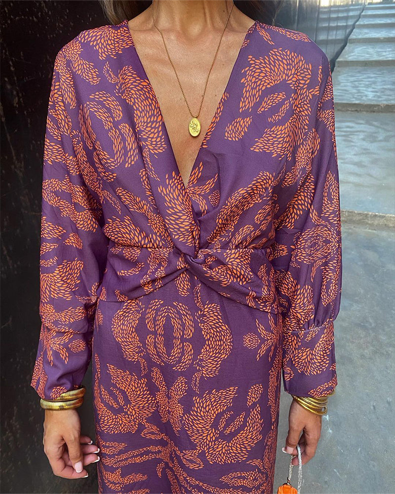 Rosamul | Boho Maxi Dress Women V-Neck Long Sleeve Fit-Floral Printed Dress-Purple-XS-Camoufit