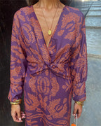 Rosamul | Boho Maxi Dress Women V-Neck Long Sleeve Fit-Floral Printed Dress-Purple-XS-Camoufit