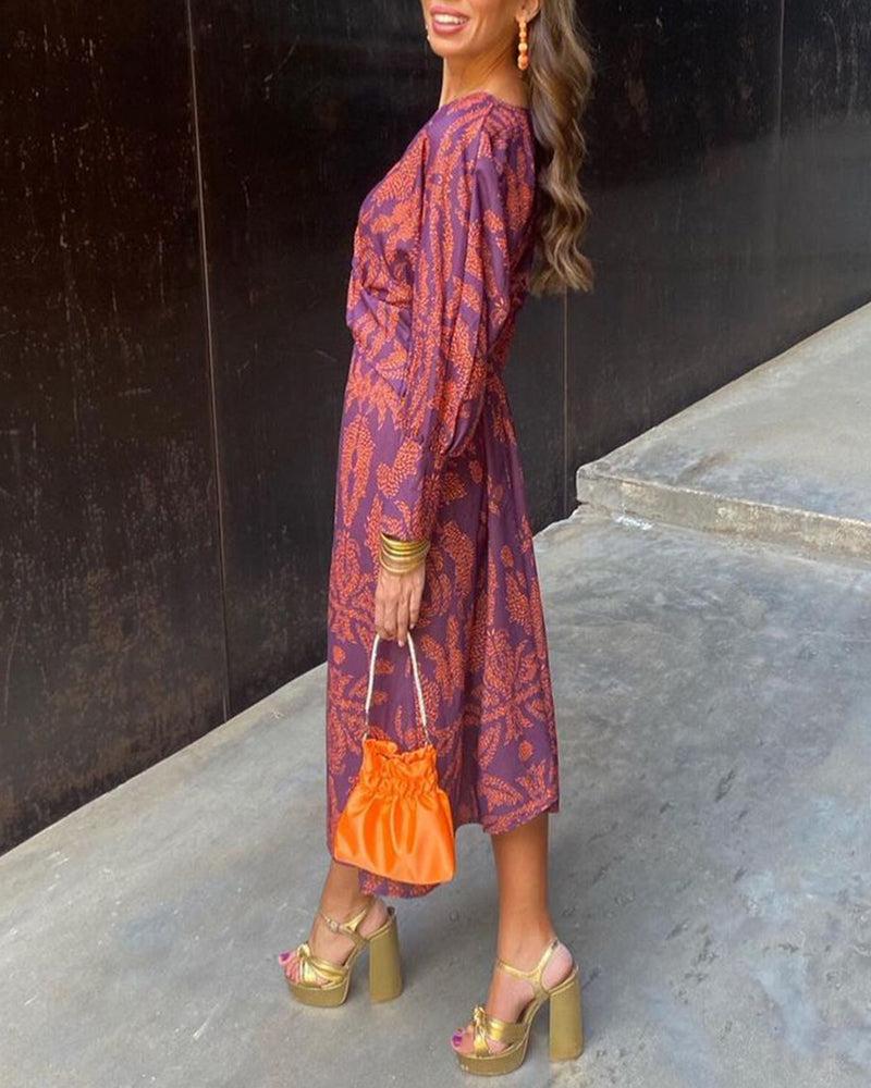 Rosamul | Boho Maxi Dress Women V-Neck Long Sleeve Fit-Floral Printed Dress-Blue-XS-Camoufit