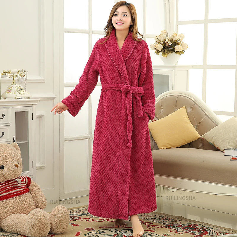 Women’s long plush robe, red textured fleece with waist tie and shawl collar