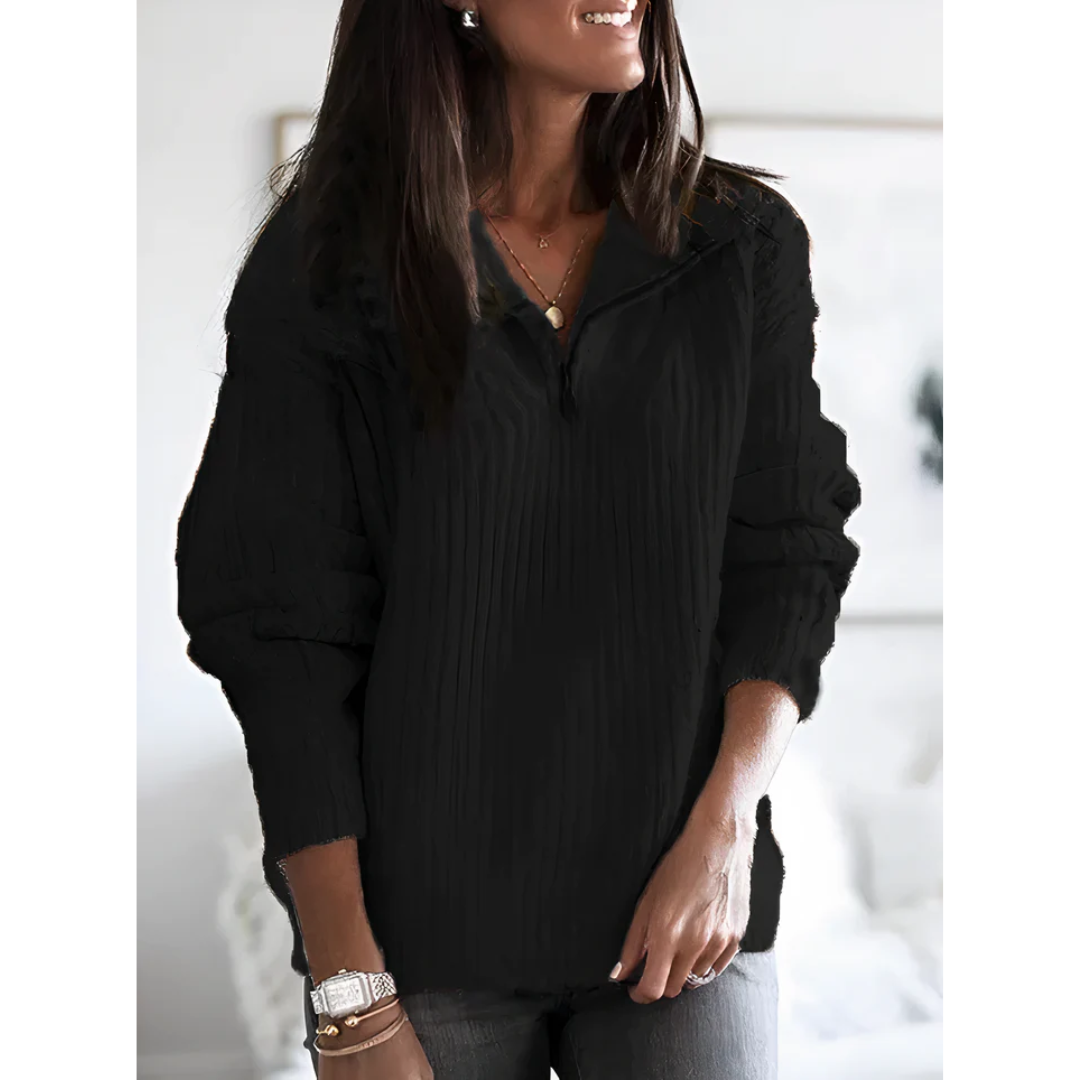 Rosgina Warm Knit Sweater for Women with Collar - Half Zip Fit-Women's Sweater-Black-S-Camoufit