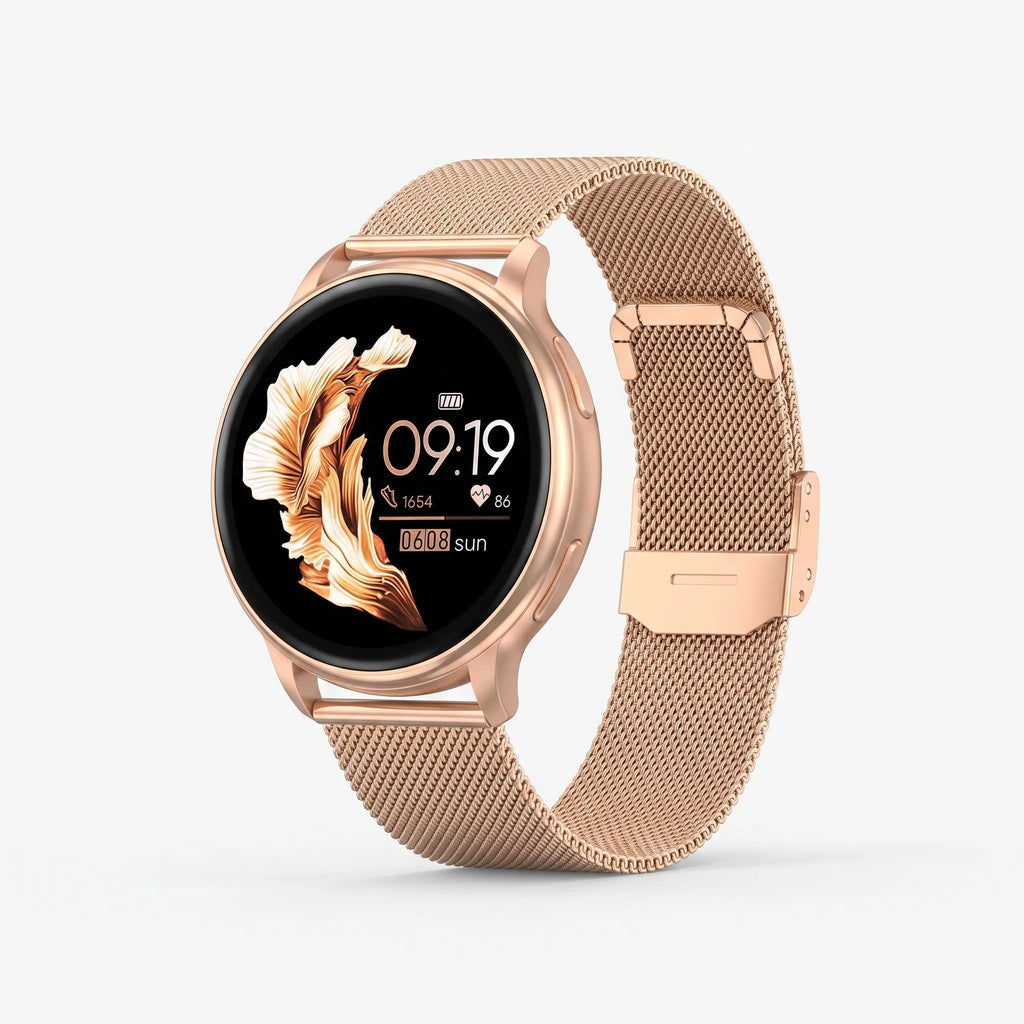 Round VeloSync digital smartwatch with rose-gold case and rose gold mesh strap