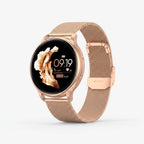 Round VeloSync digital smartwatch with rose-gold case and rose gold mesh strap