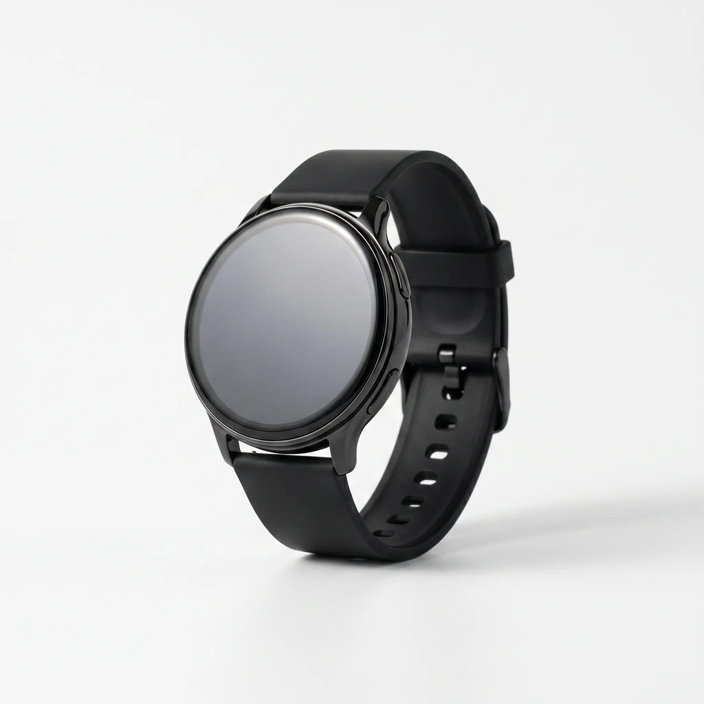 Round VeloSync digital smartwatch with black case and black silicone sport strap
