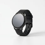 Round VeloSync digital smartwatch with black case and black silicone sport strap