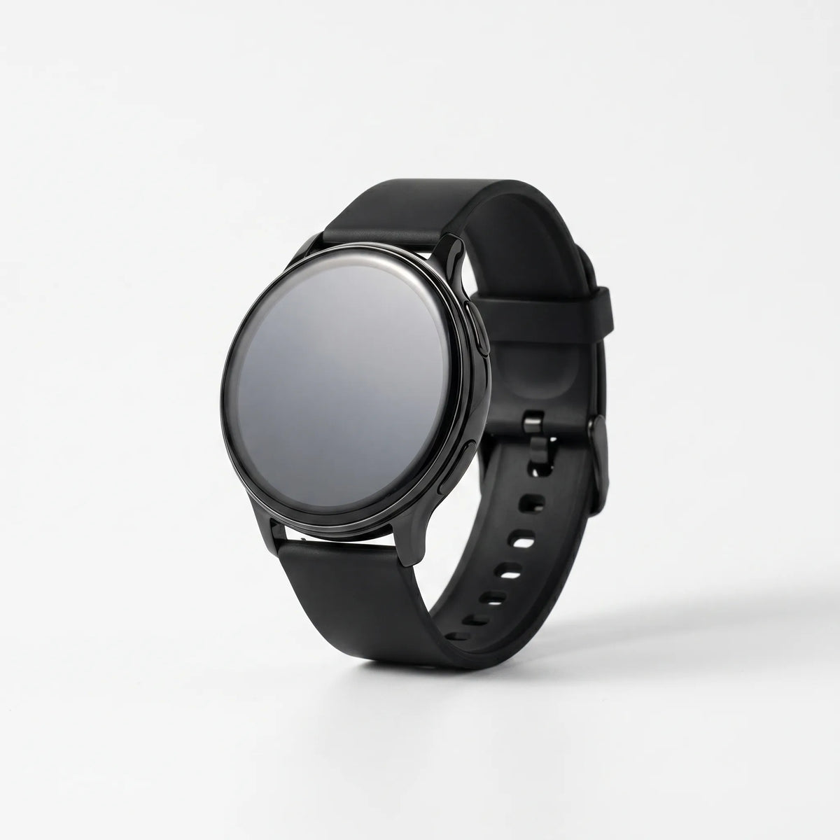 Round VeloSync digital smartwatch with black case and black silicone sport strap