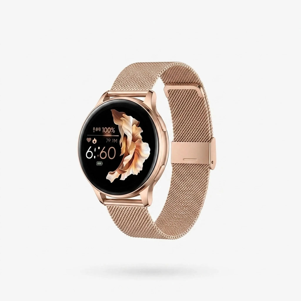 Round VeloSync digital smartwatch with rose-gold case and rose gold mesh strap