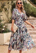 Women's Elegant Floral Midi Dress with Puff Sleeves – Floral Wedding Guest Dress-Dresses-Floral-S-