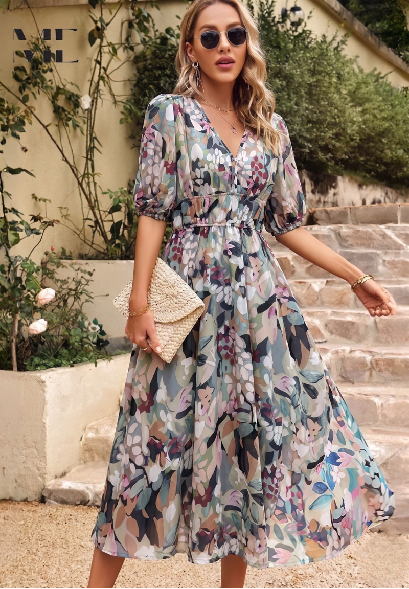 Women's Elegant Floral Midi Dress with Puff Sleeves – Floral Wedding Guest Dress-Dresses-Floral-S-