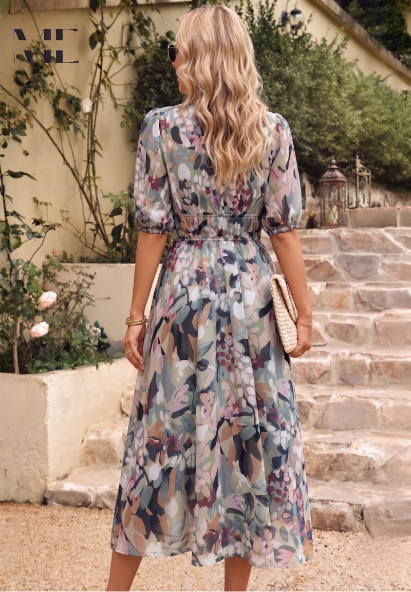 Women's Elegant Floral Midi Dress with Puff Sleeves – Floral Wedding Guest Dress-Dresses-Floral-S-
