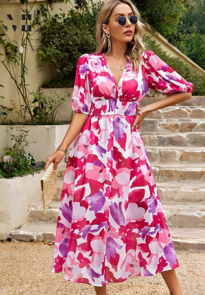 Women's Elegant Floral Midi Dress with Puff Sleeves – Floral Wedding Guest Dress-Dresses-Pink-S-