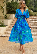 Women's Elegant Floral Midi Dress with Puff Sleeves – Floral Wedding Guest Dress-Dresses-Floral-S-