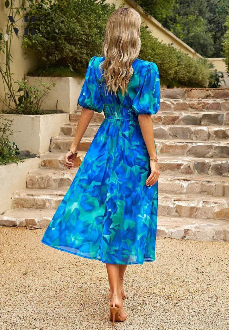 Women's Elegant Floral Midi Dress with Puff Sleeves – Floral Wedding Guest Dress-Dresses-Floral-S-