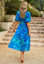 Women's Elegant Floral Midi Dress with Puff Sleeves – Floral Wedding Guest Dress-Dresses-Floral-S-