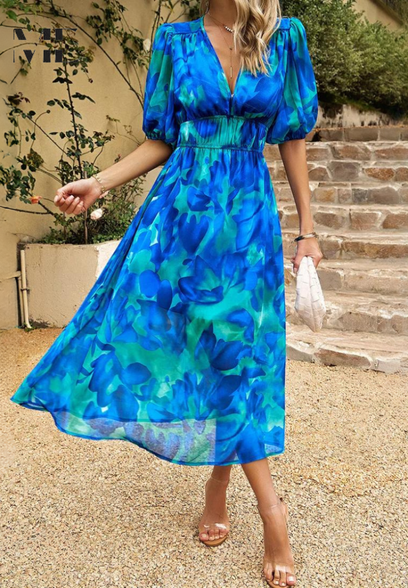 Women's Elegant Floral Midi Dress with Puff Sleeves – Floral Wedding Guest Dress-Dresses-Floral-S-