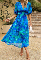 Women's Elegant Floral Midi Dress with Puff Sleeves – Floral Wedding Guest Dress-Dresses-Floral-S-
