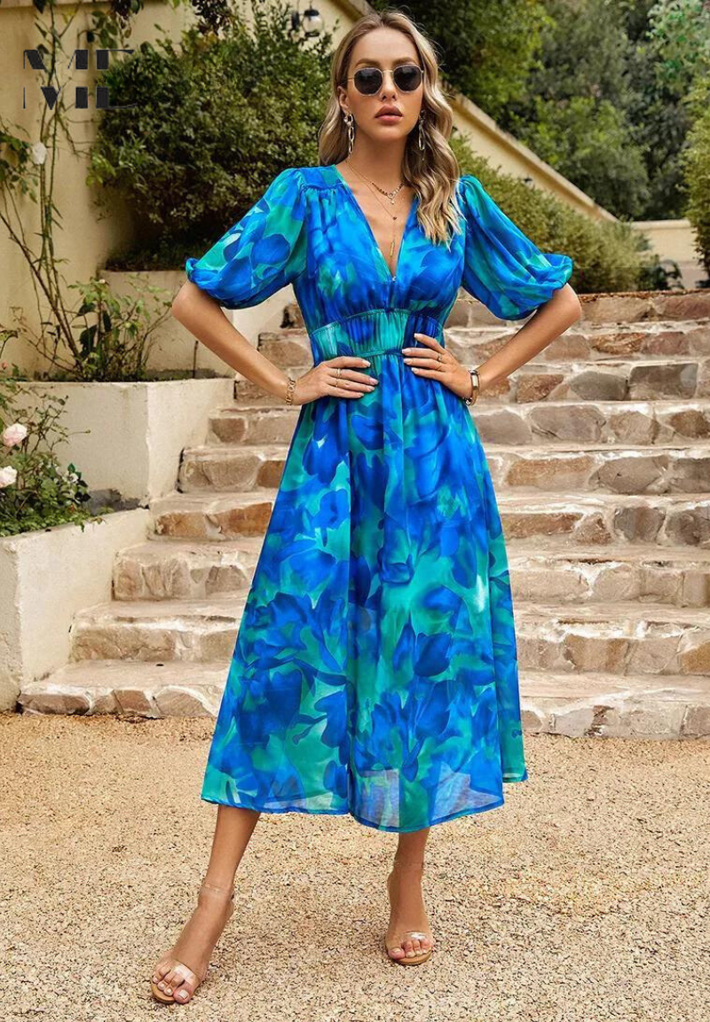 Women's Elegant Floral Midi Dress with Puff Sleeves – Floral Wedding Guest Dress-Dresses-Blue-S-