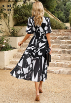 Women's Elegant Floral Midi Dress with Puff Sleeves – Floral Wedding Guest Dress-Dresses-Floral-S-