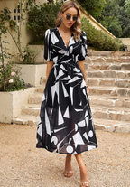 Women's Elegant Floral Midi Dress with Puff Sleeves – Floral Wedding Guest Dress-Dresses-Black-S-