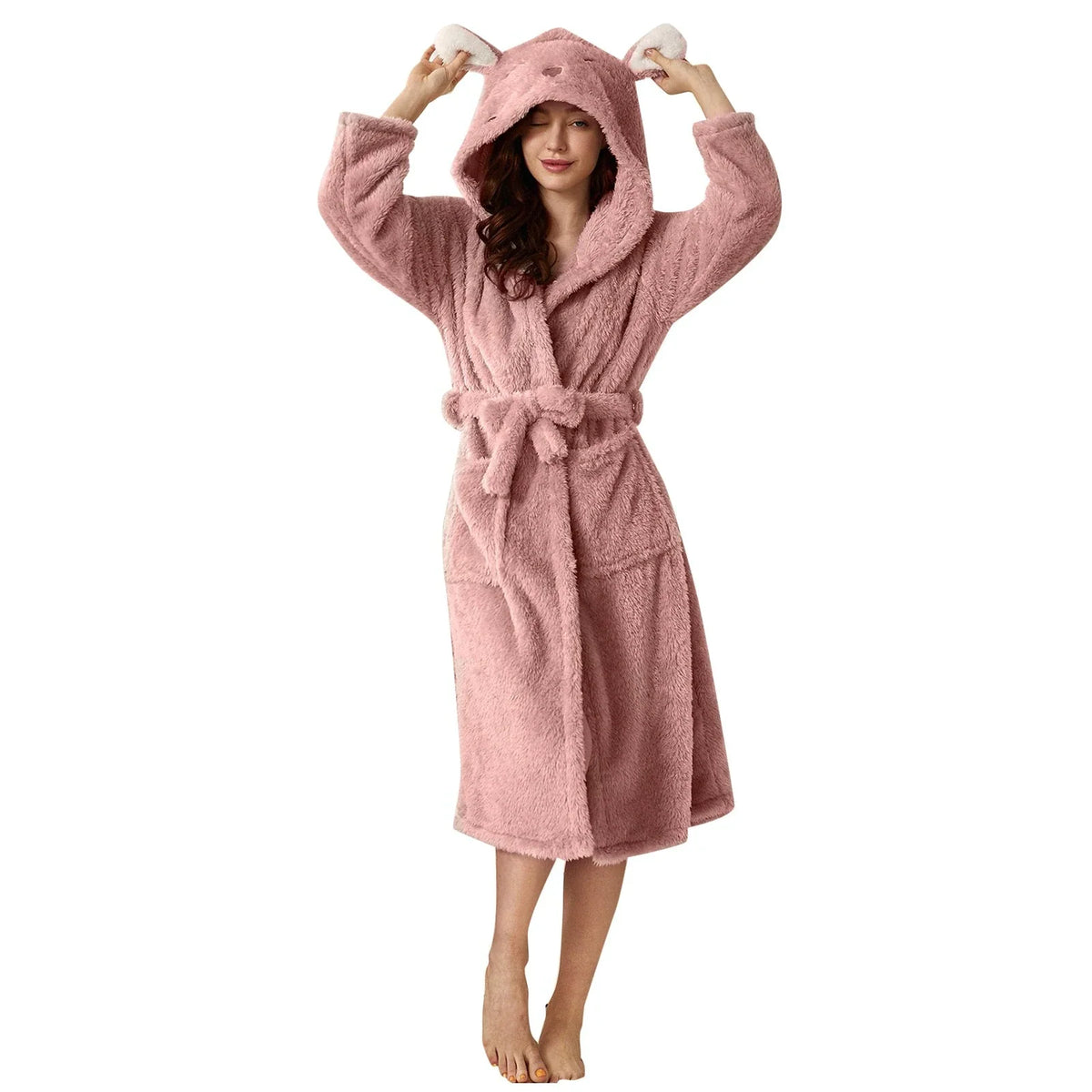 Plush hooded bathrobe in dusty pink with bunny ears, long sleeves and belt tied