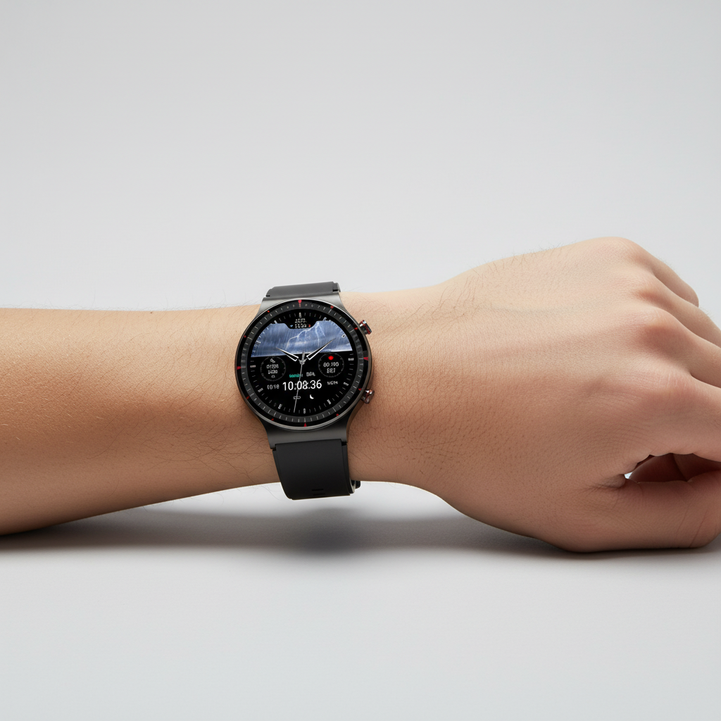 Round black smartwatch with dark sensor display and black silicone strap