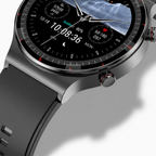 Silver round smartwatch close-up with black dial and side button on black band