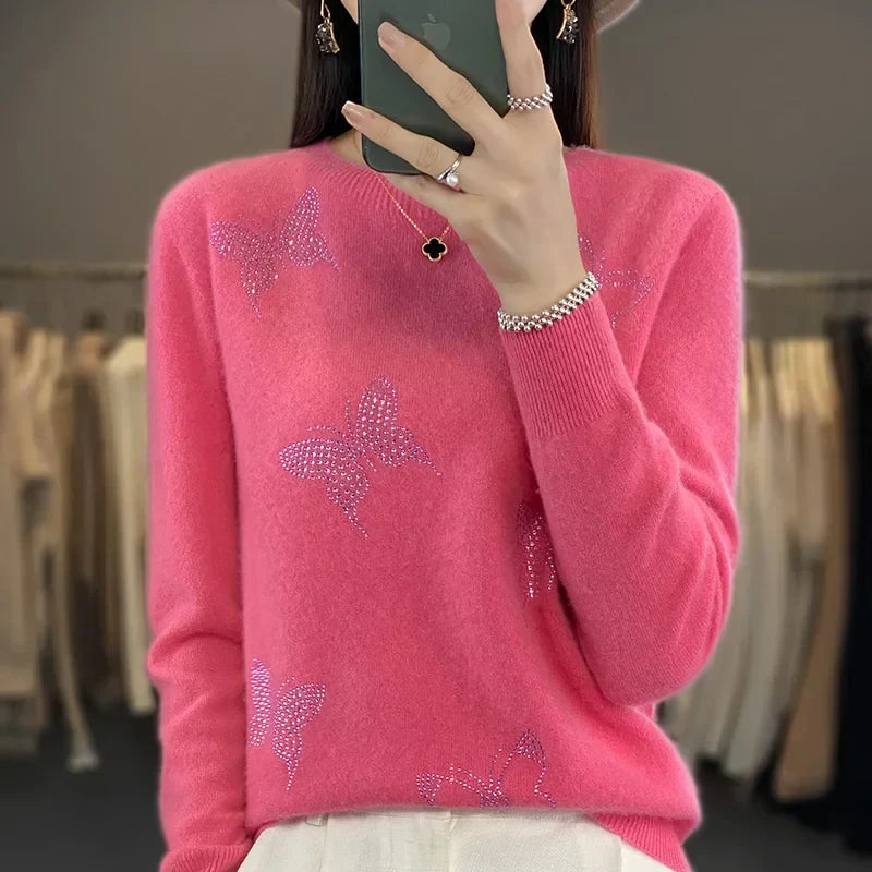 Pamelo | Women's Butterfly Knit Sweater - Long Sleeve Embellished Pullover with Ribbed Trim